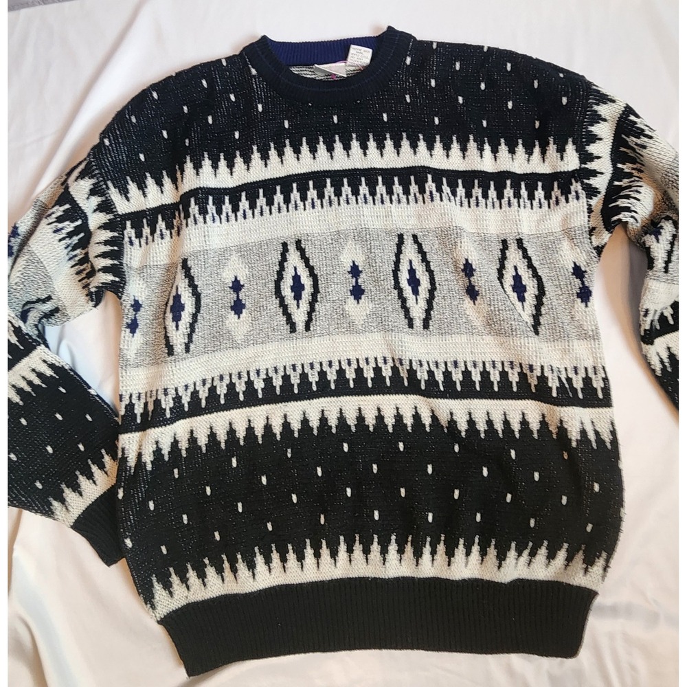 Ash Creek Trading Vintage Geometric Fair Isle Sweater Mens Large Black Blue Knit